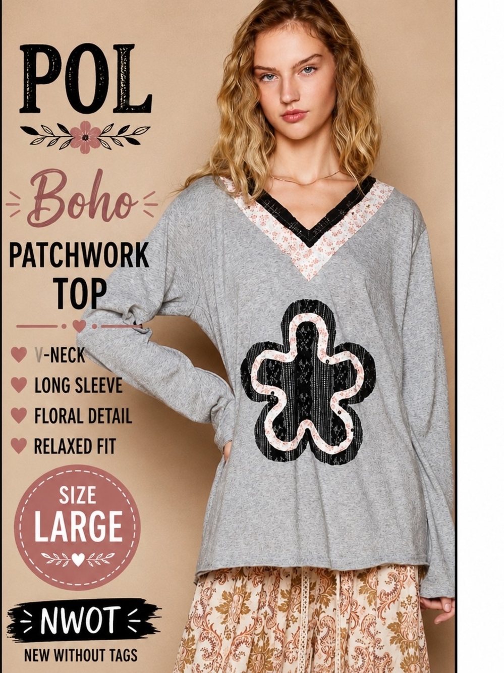 POL Boho Floral Patchwork V-Neck Long Sleeve Top Gray Black Boutique Size Large